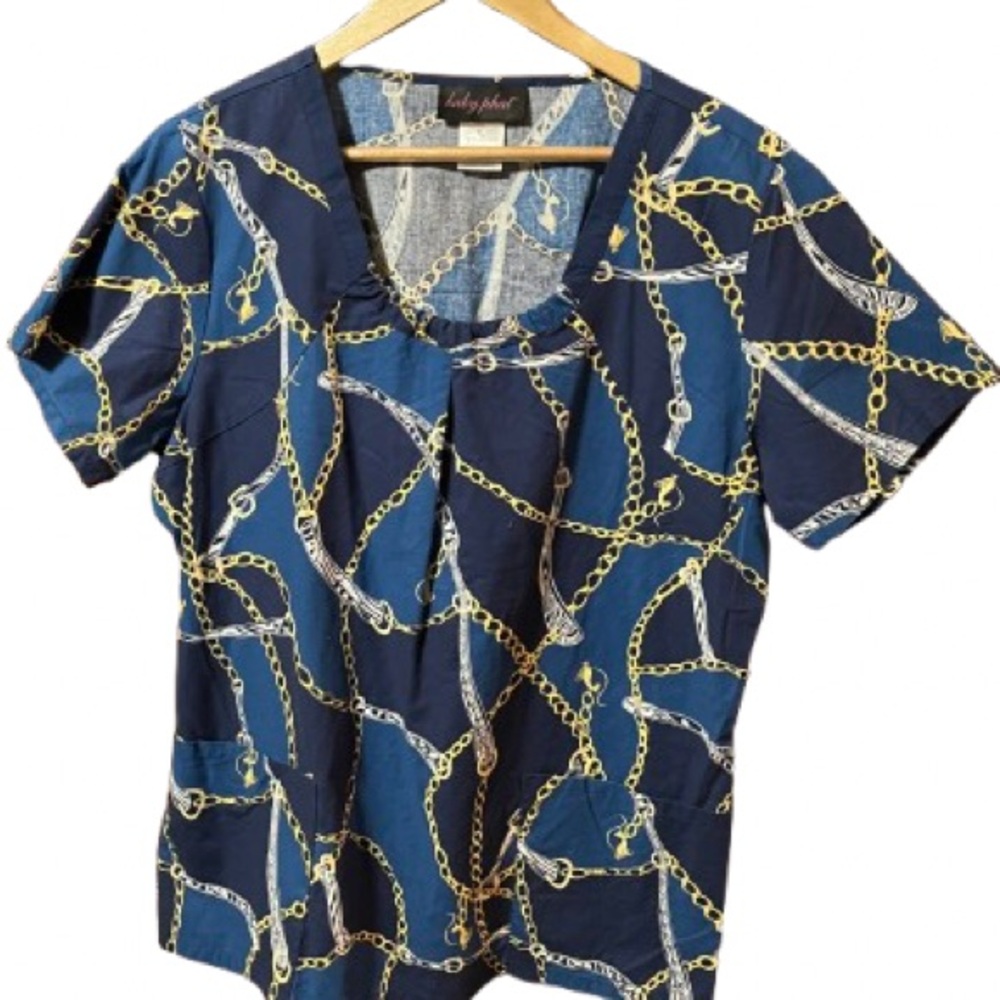 Baby Phat Women's Navy Chain Print Scrub Top Size XL